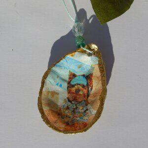 Yorkshire Terrier at the Beach - Oyster Shell Decoupage Ornament - Handmade